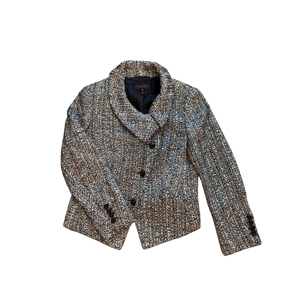Escada Size 40 Black White Tweed Wool Silk Blend Jacket Fun Collar 4 Button